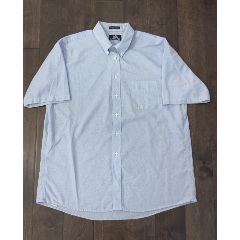 Stafford Mens Size 17.5 Short Sleeve Button Down Blue Oxford‎ Shirt Made In USA